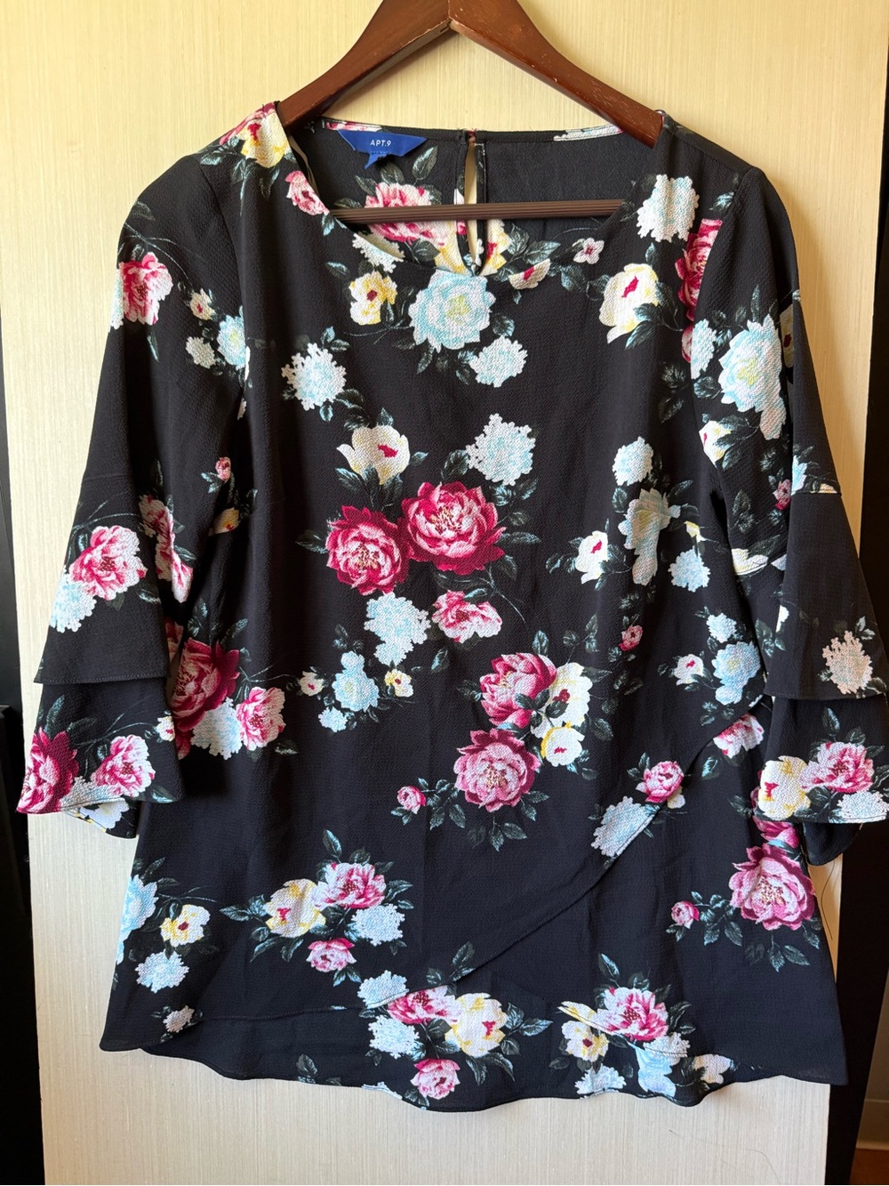 Apt. 9 Black Floral Top with Pink, Yellow & Light Blue Blooms